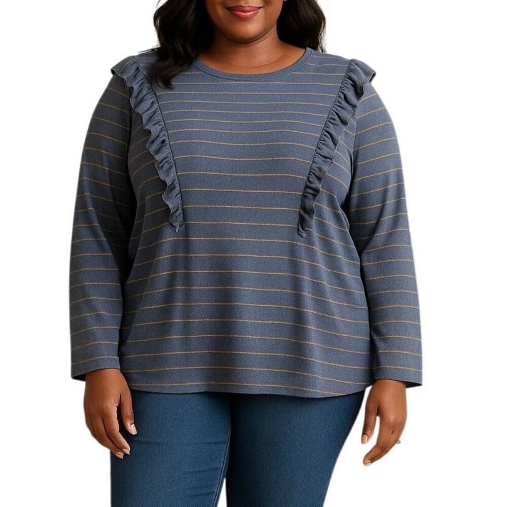 Terra & Sky Plus Size 3X Long-Sleeve Blue Top With Gold Stripes Ruffle Accents